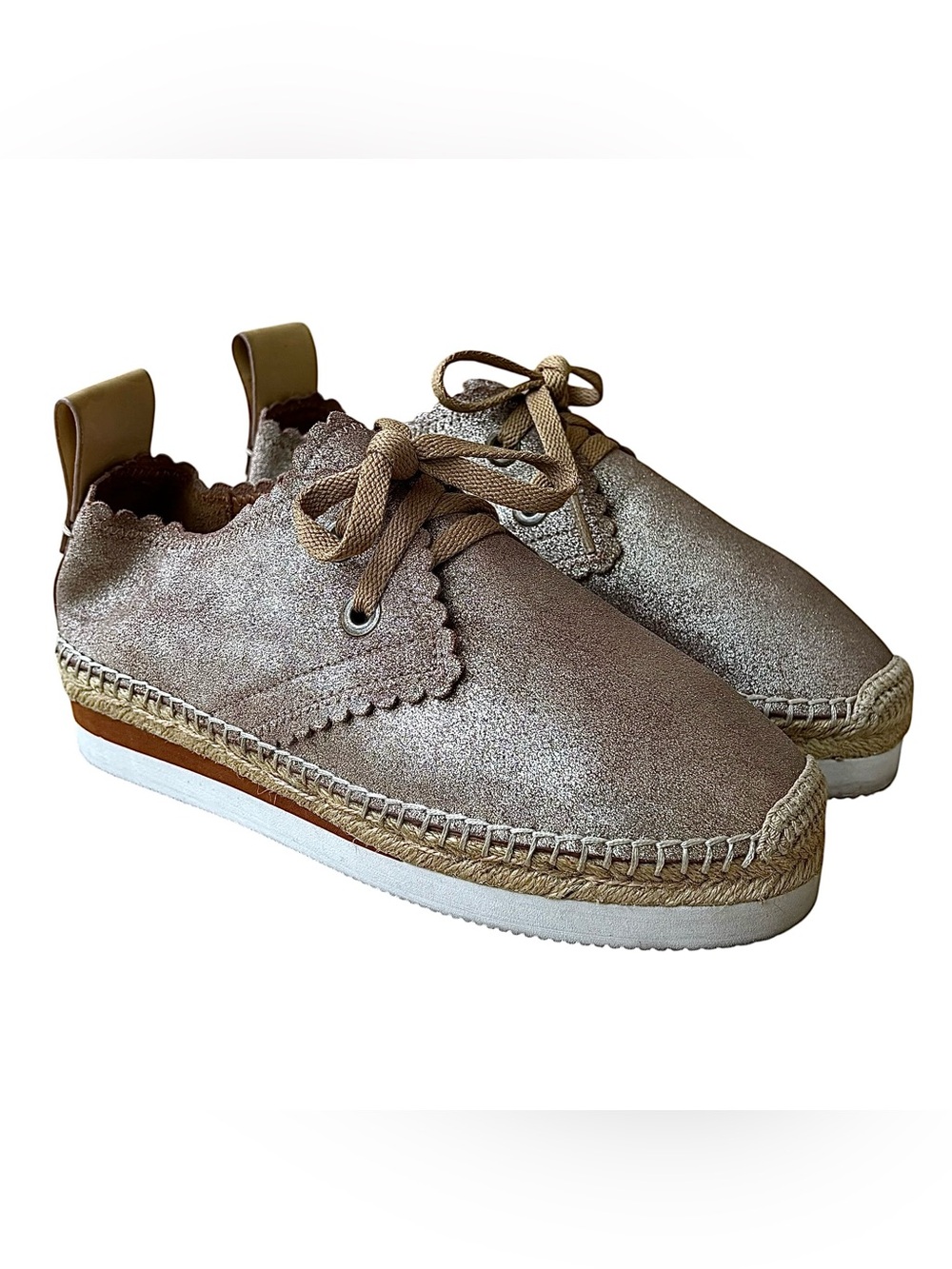 SEE by CHLOE “Glyn” Rose Gold Leather Lace Up Espadrilles